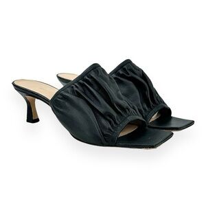 Wandler Ava Black Kitten Heel Ruched Leather Slide Heeled Mule Sandals sz 41